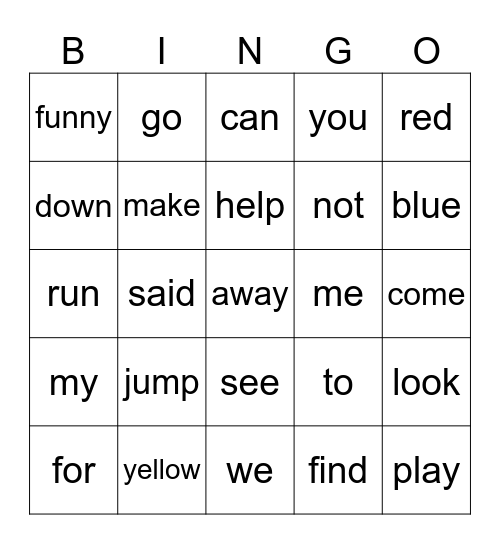 Sight word bingo Card
