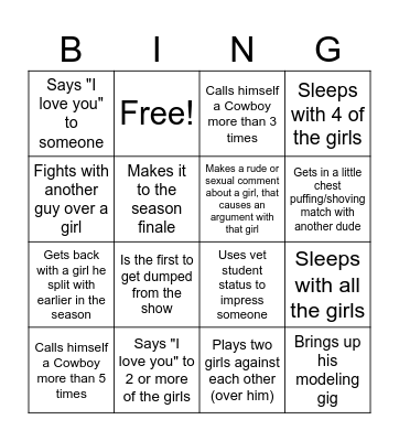 Love Island CVM Style Bingo Card