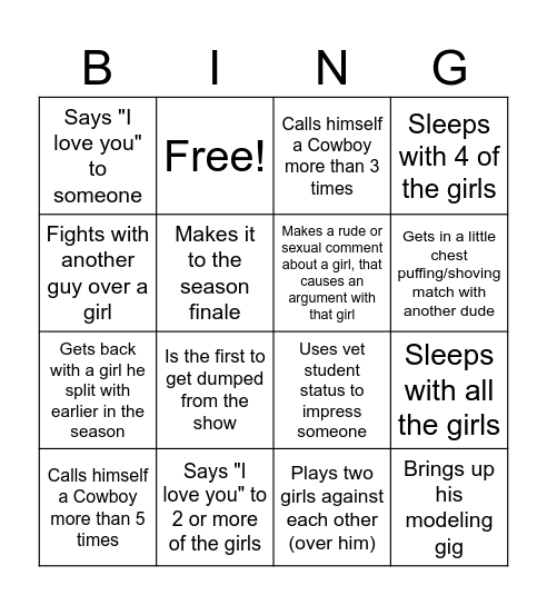 Love Island CVM Style Bingo Card
