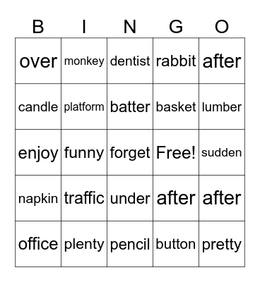 Two Syllable Words Bingo Card