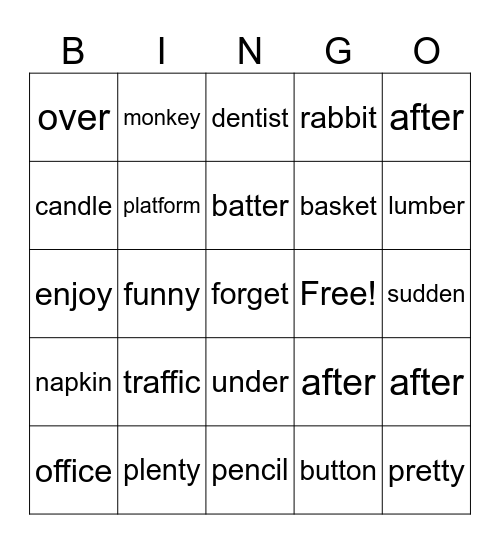 Two Syllable Words Bingo Card