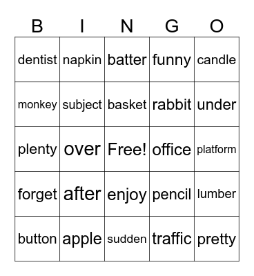 Two Syllable Words Bingo Card