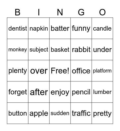 Two Syllable Words Bingo Card