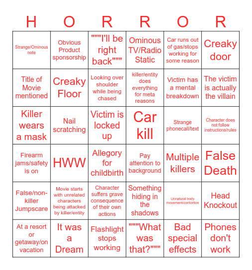 HORROR MOVIE BINGO Card