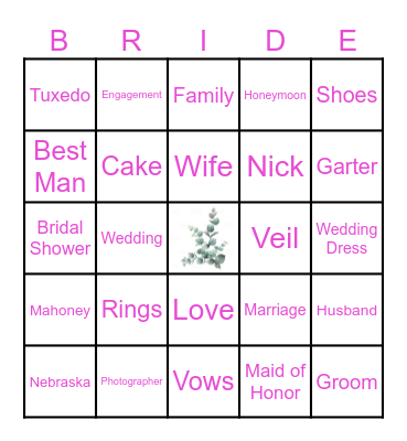 Bride Bingo Card