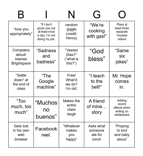 Mr. Grainger Bingo Card