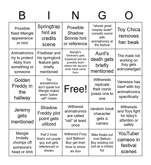 FNAF 2 Movie Bingo Card