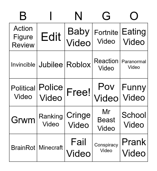 YT Shorts Bingo Card