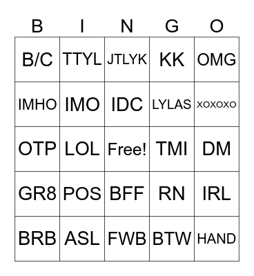 Texting Lingo Bingo Card