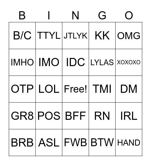 Texting Lingo Bingo Card