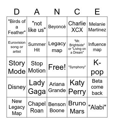 Just Dance Bingo Card