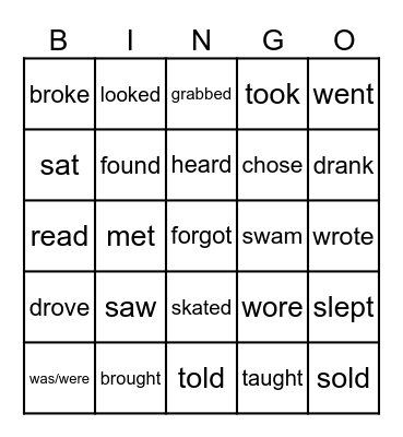 Past Simple Tense Verbs Bingo Card
