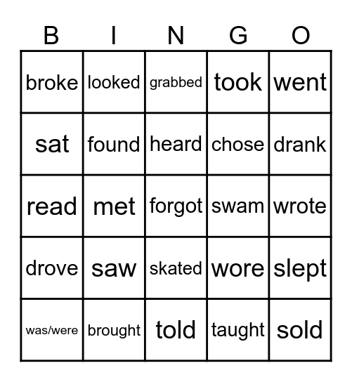 Past Simple Tense Verbs Bingo Card