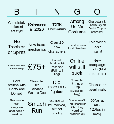 Smash 6 Predictions Bingo Card