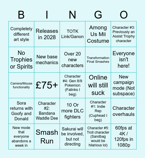 Smash 6 Predictions Bingo Card