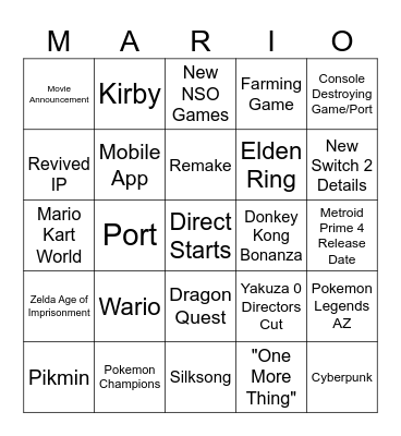 Nintendo Direct June 2025 Bingo Card