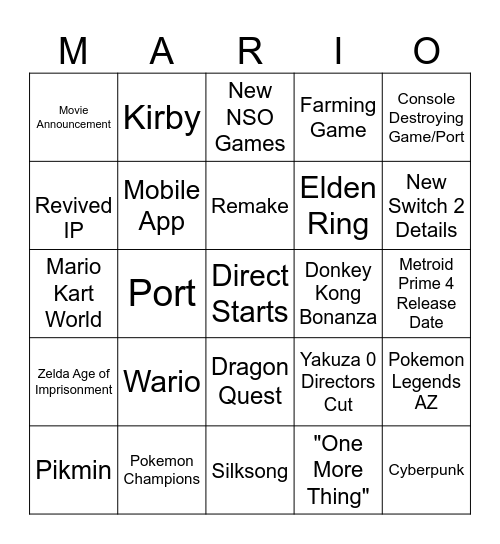 Nintendo Direct June 2025 Bingo Card