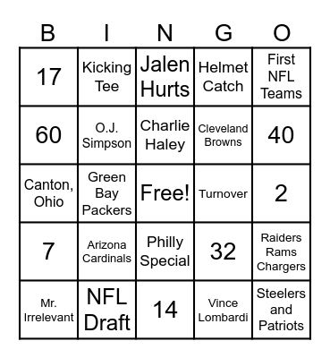 NFL Card 1 Bingo Card