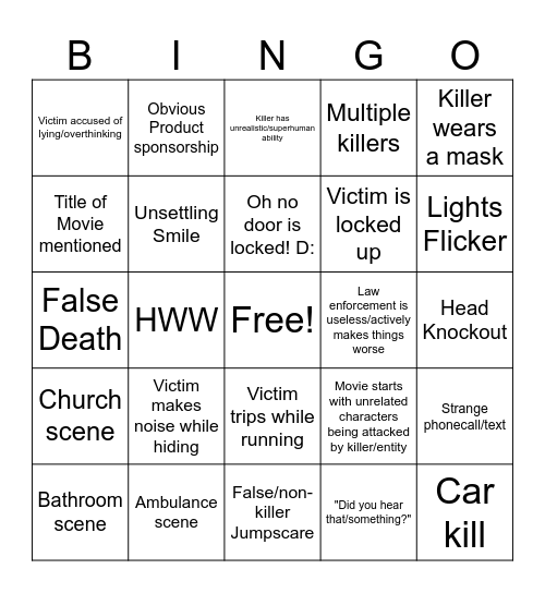 Horror Movie Bingo Card