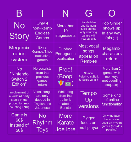 Rhythm Heaven Groove Bingo Card