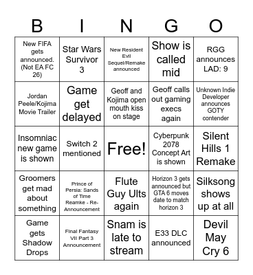 Apa’s Summer Game Fest Bingo Card
