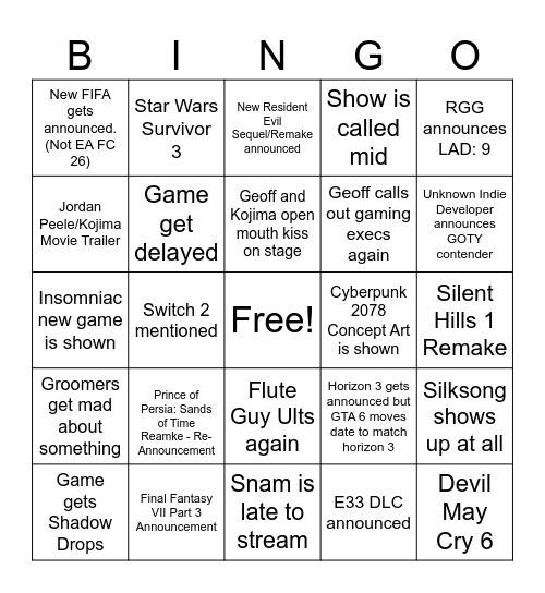 Apa’s Summer Game Fest Bingo Card