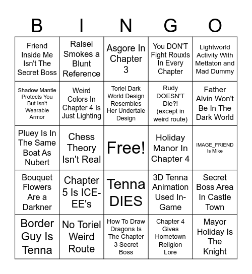 Deltarune Chapter 3 and 4 Bingo - By Cool Kid95 and Bomb! Bingo Card