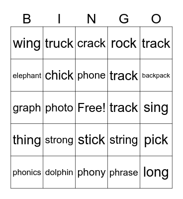 Digraphs.  PH, CK, NG Bingo Card