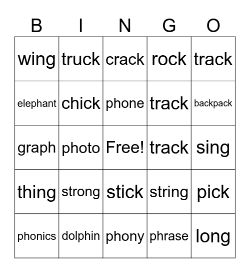Digraphs.  PH, CK, NG Bingo Card