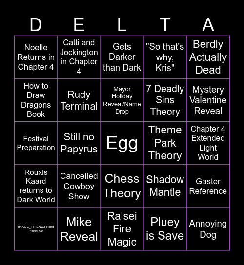 Deltarune Chapter 3+4 prediction Bingo Card