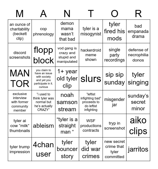 MAN TOR BINGO Card