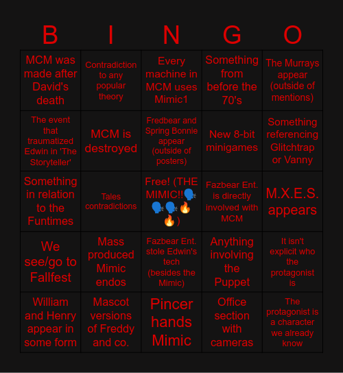 FNaF Secret of the Mimic Bingo Card