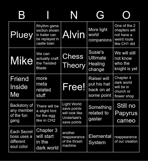 Deltarune Chapter 3 and 4 bingo Card