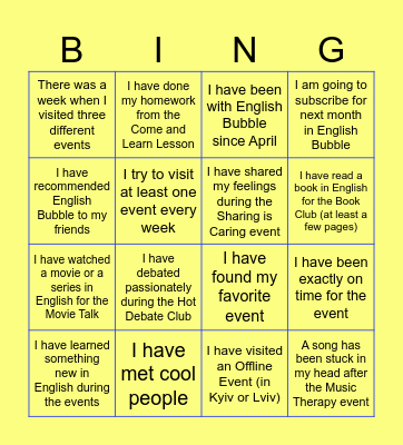 English Bubble Bingo Card