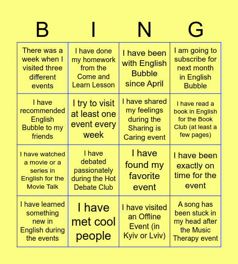 English Bubble Bingo Card