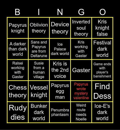 Deltarune Post-CH2 Bingo Card