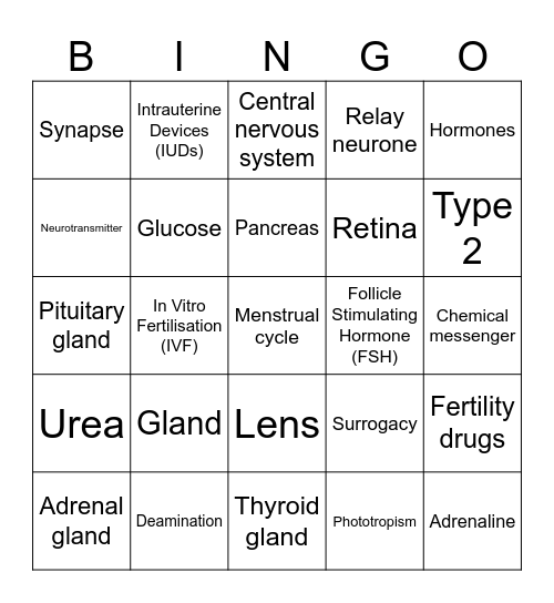 Homeostasis Bingo Card