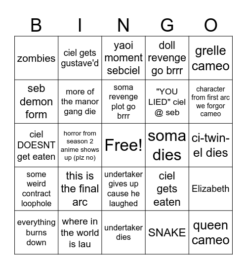 Black Butler Bingo (BB&B) Bingo Card
