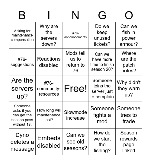 Fishing update Bingo Card