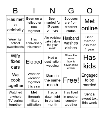 Marriage/Couples Bingo Card