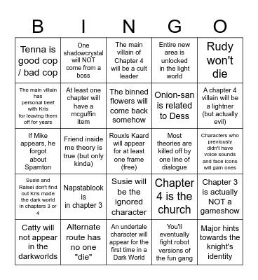 Deltarune Chapter 3 and 4 Bingo Card