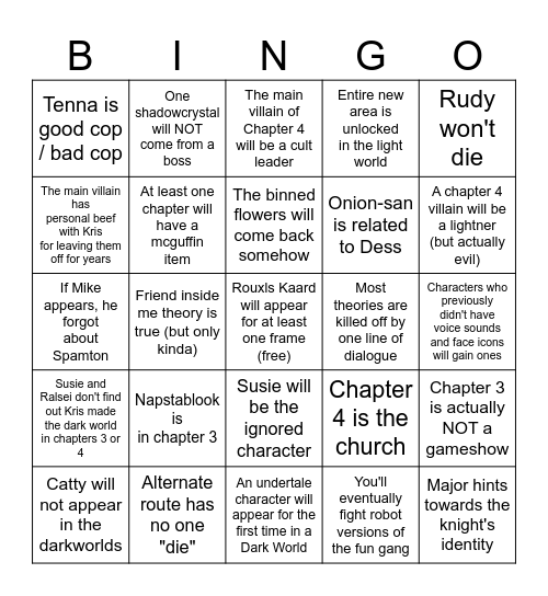 Deltarune Chapter 3 and 4 Bingo Card