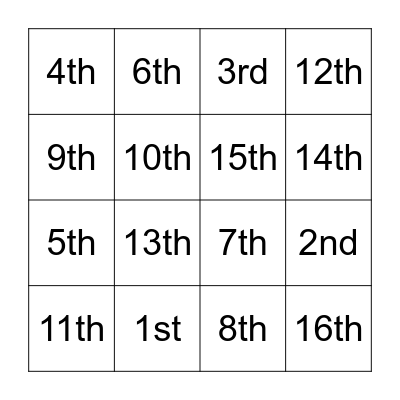 Ordinal numbers Bingo Card