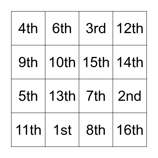 Ordinal numbers Bingo Card