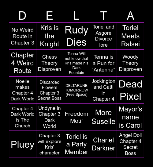 Deltarune Chapters' 3 and 4 Bingo Card