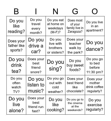 Present Simple Bingo Card