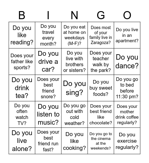 Present Simple Bingo Card