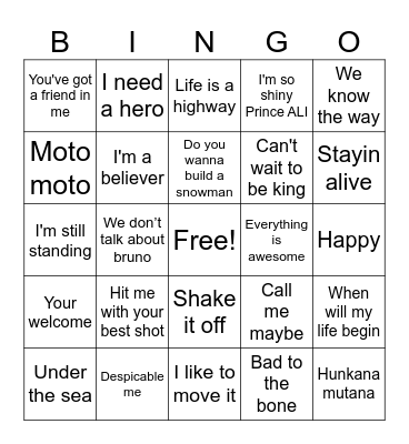Musical Bingo Card