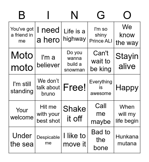 Musical Bingo Card