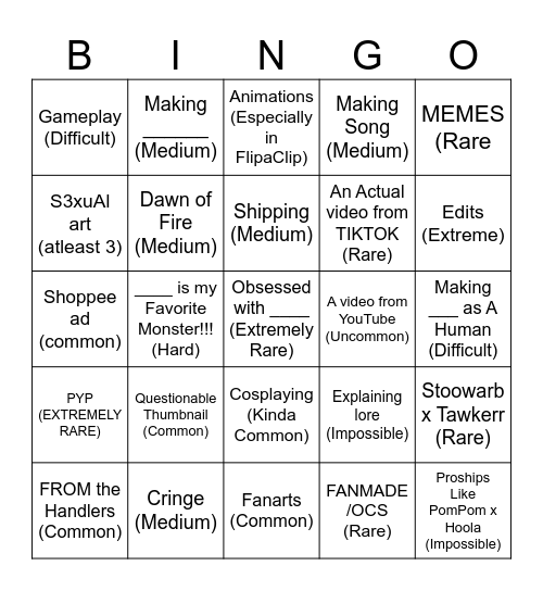 MSM TikTok comps Bingo Card